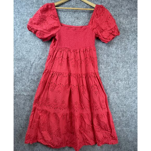 Meadow Rhodes Dress Womens XL Red Eyelet Tiered Prairie Girl Femme Boho Cottage - Picture 2 of 5